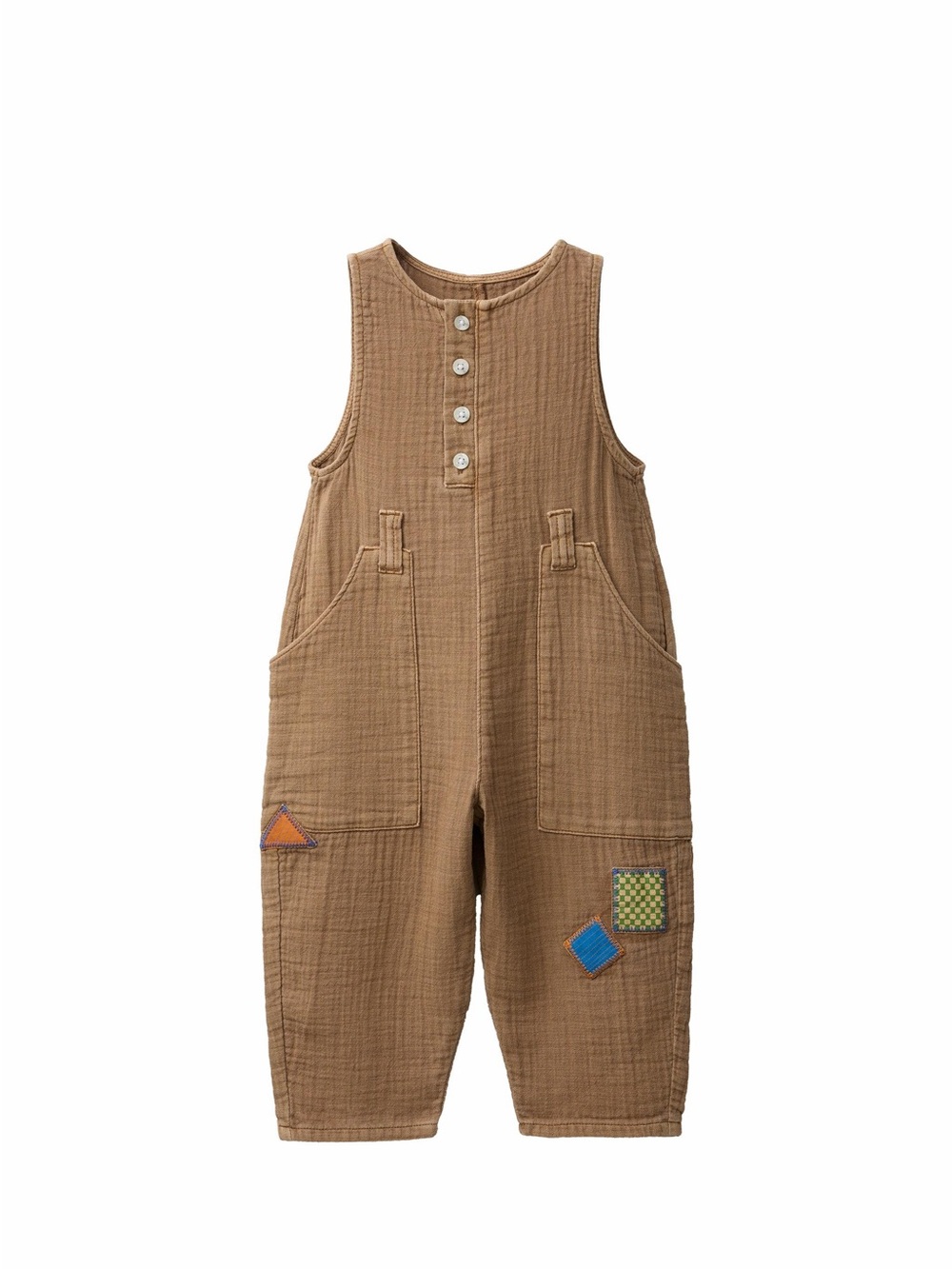Zara Kids Brown Cotton Gauze Overalls with Patch Details